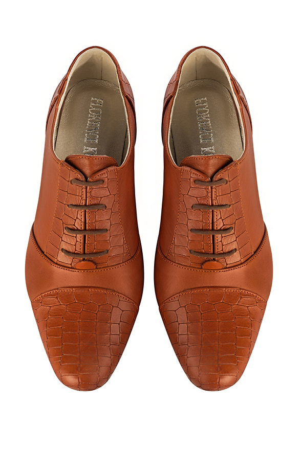 Terracotta orange women's essential lace-up shoes. Round toe. Low block heels. Top view - Florence KOOIJMAN